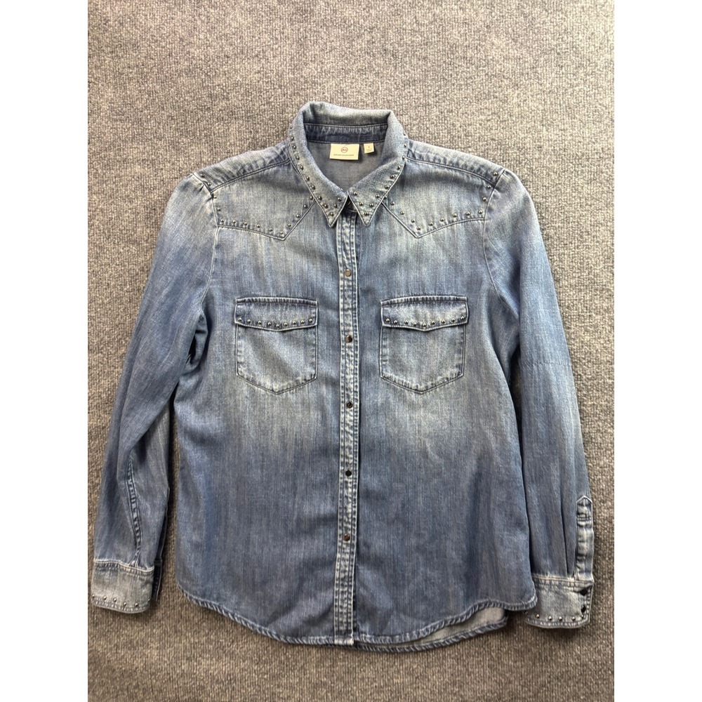 AG Denim Shirt Womens Small Blue Studded Western Long Sleeve Tencel Cotton Blend